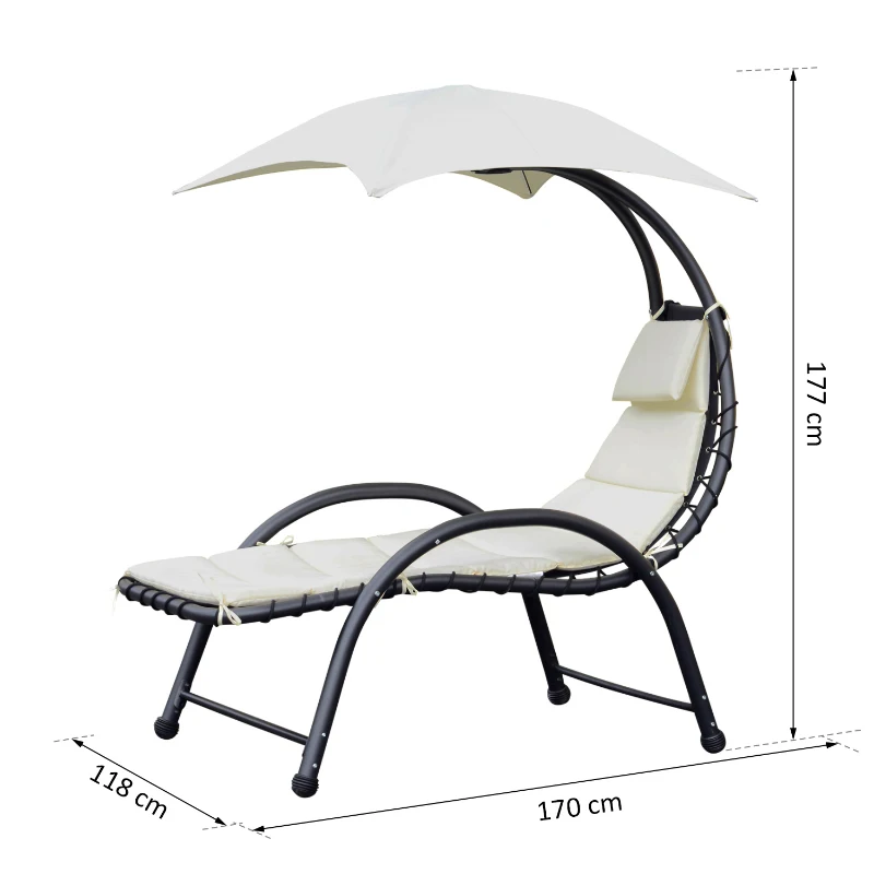 Outsunny Bain de Soleil transat de jardin chaise longue Design Contemporain - Pare-Soleil et Matelas - Acier Polyester - dim. 1,7L x 1,18l x 1,77H m - écru Noir