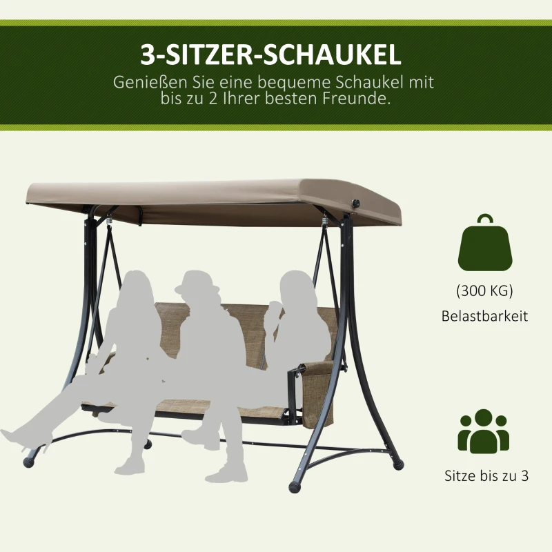 Outsunny 3-Sitzer Hollywoodschaukel, Gartenschaukel mit Sonnendach, Schaukelbank mit Ablage, Aluminium, 196 x 128 x 172 cm, Braun(m-7)