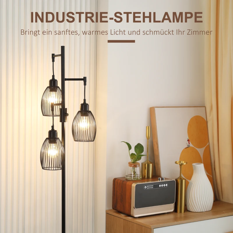 HOMCOM Stehleuchte im Industrie-Design mit 3 Lampenschirmen 30 cm x 30 cm x 170,5 cm Stahl