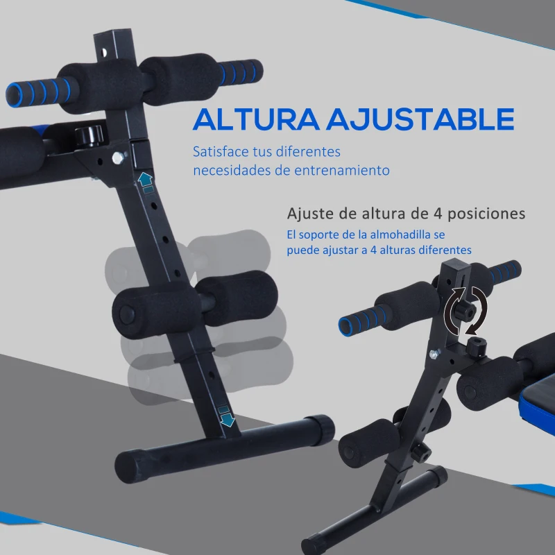 HOMCOM Banco de Abdominales Multifuncional Banco de Sentadillas con Soporte para Piernas Ajustable en Altura para Entrenamiento en Hogar Oficina 144x47x51-63 cm Negro y Azul