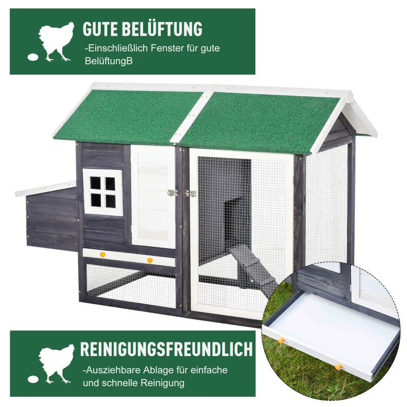 PawHut Zwerghühnerstall mit Nistkasten und Freilauf inkl. Rampe 170 cm x 81 cm x 110 cm Wetterbeständig Grün + Grau