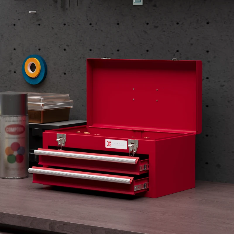 DURHAND Lockable Metal Tool Box, 2 Drawer Tool Chest with Latches, Handle, Ball Bearing Runners, Red