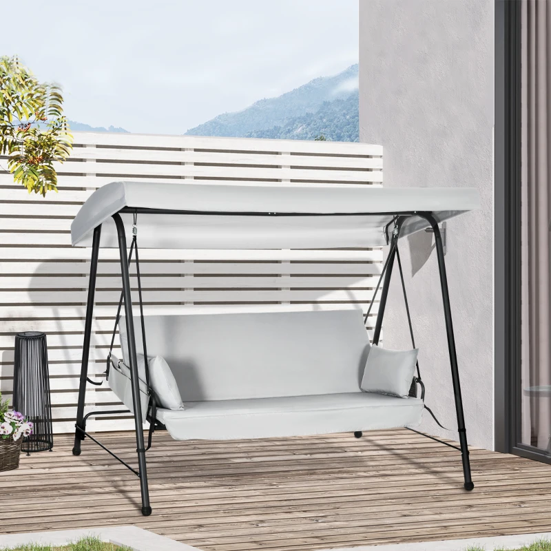Outsunny Columpio de Jardín de 3 Plazas Convertible en Cama con Toldo Reclinable 2 Cojines y Marco de Acero 236x138x185 cm Gris