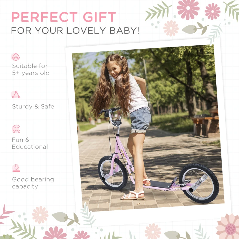 HOMCOM Stunt Scooter, Kids Scooter with 16" Big Wheels, Adjustable Height, Dual Brakes, for Ages 5+ Years, Pink