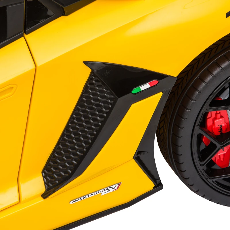 HOMCOM Coche Eléctrico para Niños de +3 Años Lamborghini SVJ Batería 12V con Mando a Distancia Velocidad de 3-5 km/h Música y Faros Carga 25 kg 123x66,5x45,5 cm Amarillo
