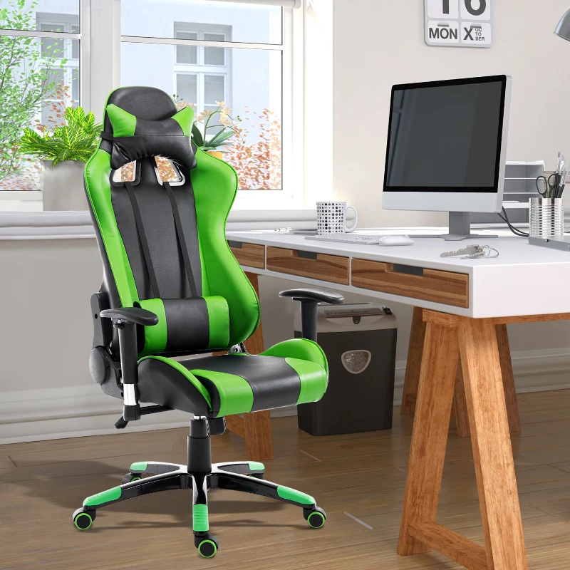 HOMCOM Silla de Oficina Silla Ergonómico Reclinable y Basculante Altura Ajustable Giratorio con Ruedas Reposacabezas y Soporte Lumbar Carga 120 kg 67x67x123-132 cm Verde