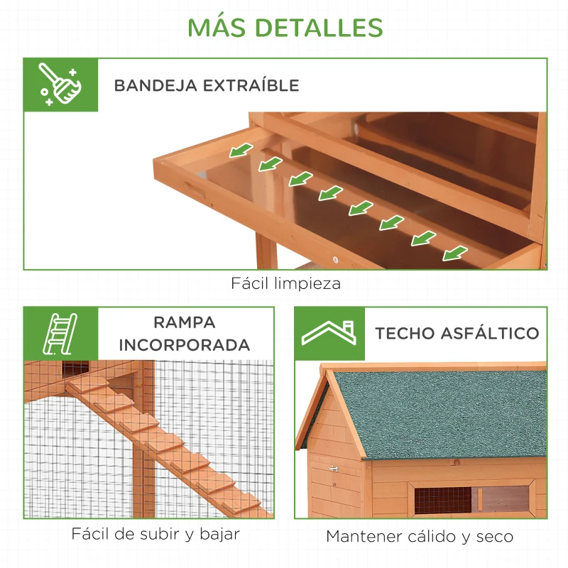 PawHut Gallinero de Exterior de Madera para 8-10 Gallinas con 2 Nidos Bandeja Extraíble y Rampa 347x160x150 cm Madera natural