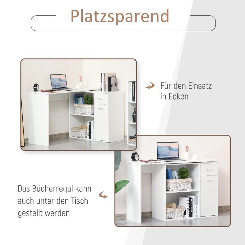 HOMCOM Eckschreibtisch Arbeitstisch Winkelschreibtisch PC-Tisch Computertisch Bürotisch 180-Grad-Design mit Regal und Schublade L-Form drehbar platzsparend Spanplatte Weiß 117x 82x74 cm