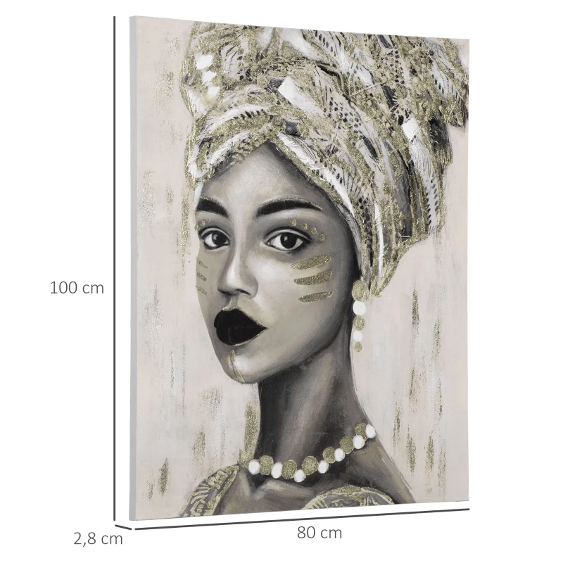 HOMCOM Gemälde 'Junge afrikanische Frau' mit Kieferholzrahmen 100 x 80 x 2,8 cm