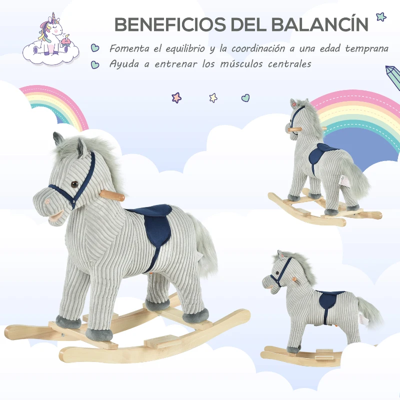 HOMCOM Caballito Balancín Infantil para Niños de +3 Años Caballo Mecedora de Felpa con Sonidos de Relincho y Galope Base de Madera Carga 45 Kg 73x35x64 cm Azul y Rayas Gris