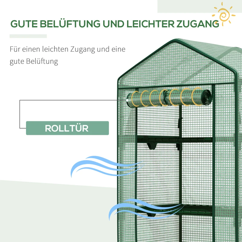 Outsunny Mini-Gewächshaus Anzuchtgewächshaus mit Folienabdeckung und 4 Regalböden Regale Rolltür Gemüsebeet Grün 69 x 49 x 158 cm