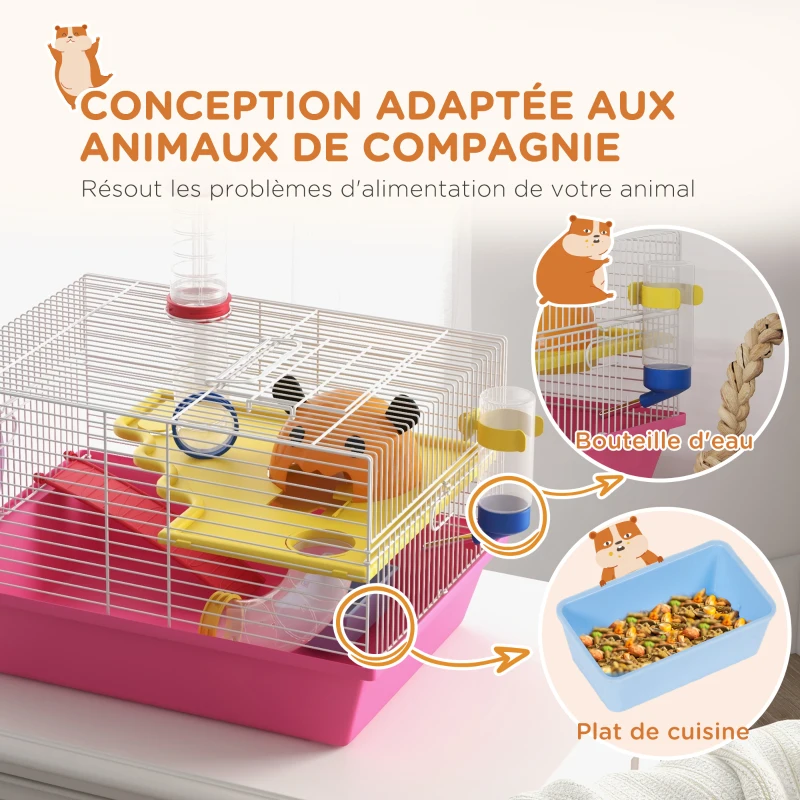 PawHut Cage à hamster rat rongeur multicolore avec plateforme, biberon eau, roue, maisonnette, 34 x 27 x 25 cm, rose