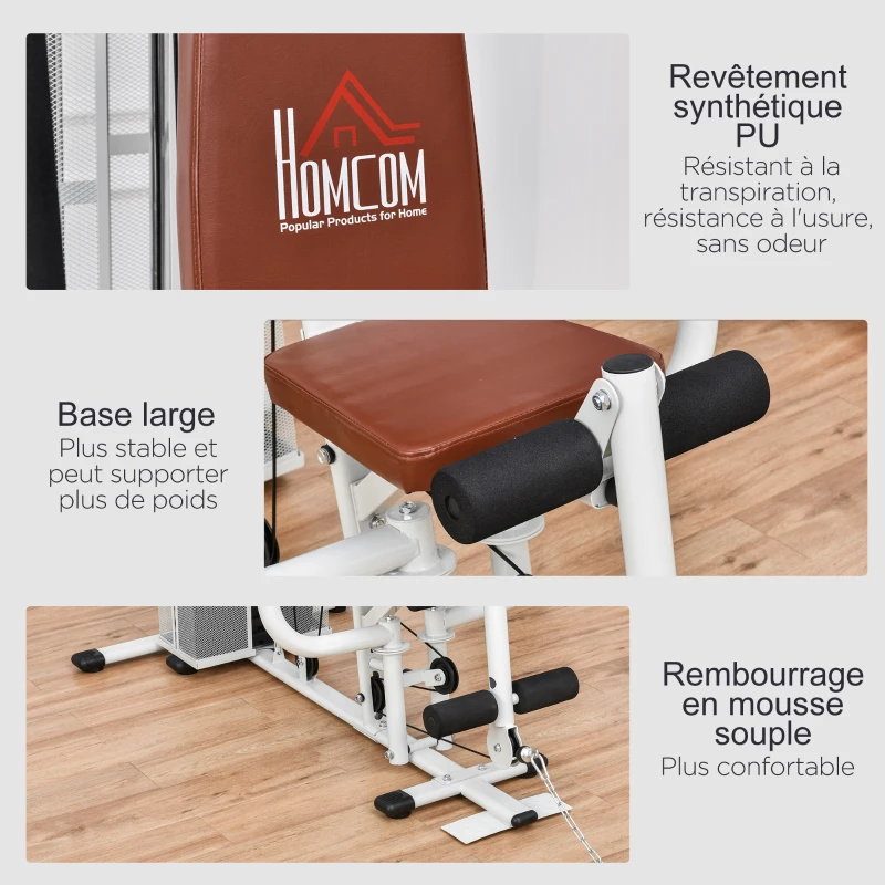 HOMCOM Station de musculation entrainement complet développé couché butterfly barre latissimus curler bande résistance 10 contrepoids 45 kg avec filet de protection acier blanc et marron