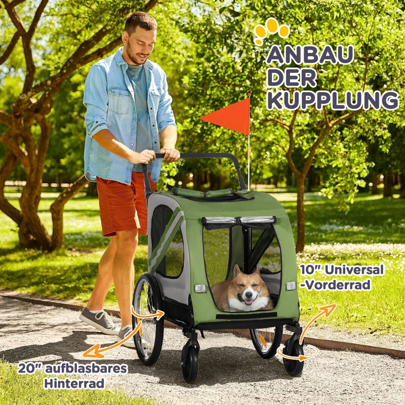 PawHut 2-in-1 Hundebuggy, Hundefahrradanhänger, klappbar, wetterfest, für Hunde bis 20 kg, Grün(m-8)