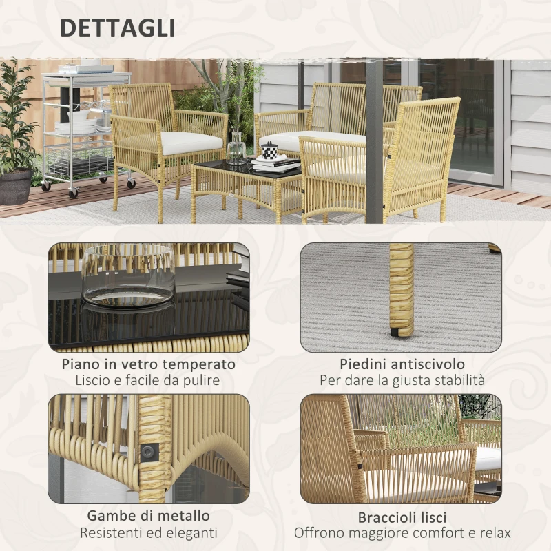 Outsunny Set da Giardino in Rattan da 4 Pezzi con 2 Poltroncine, Divano e Tavolino da Caffè, Naturale e Nero