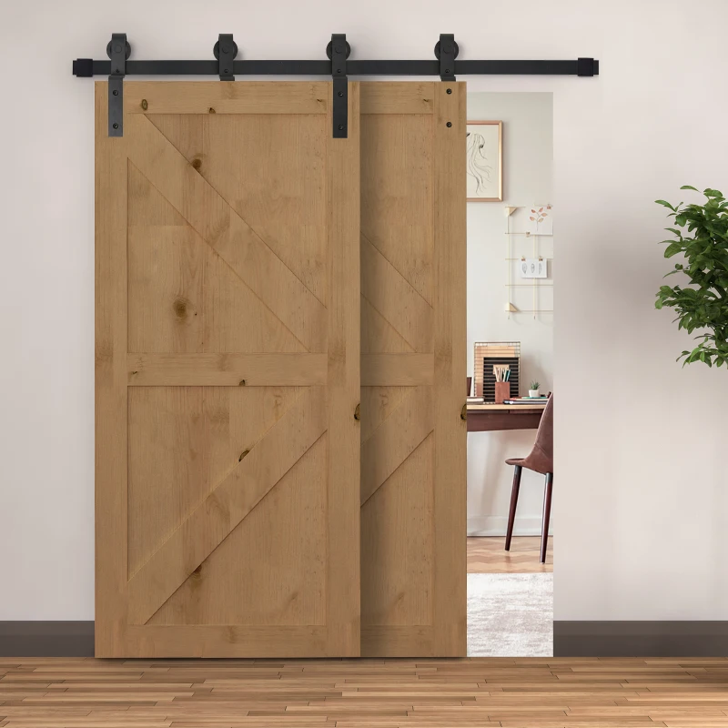 HOMCOM Herraje para Puerta Corredera 200 cm Kit de Acero al Carbono Accesorios con 2 Puertas Deslizantes de Madera Negro