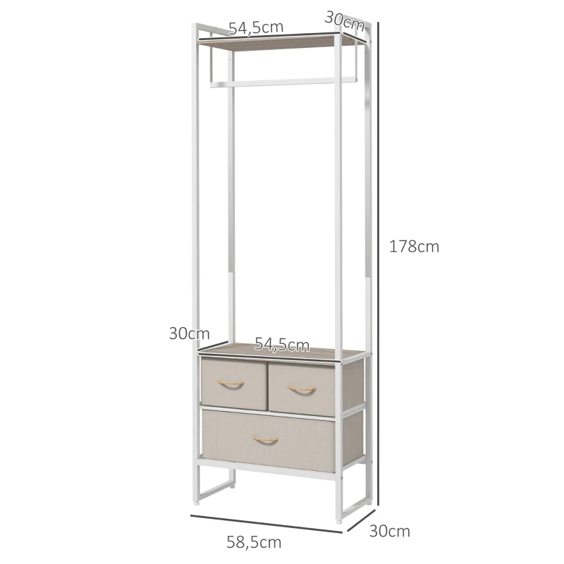HOMCOM Perchero para Ropa Perchero Recibidor con 3 Cajones de Tela y Estante de Almacenamiento 58,5x30x178 cm Natural(m-3)