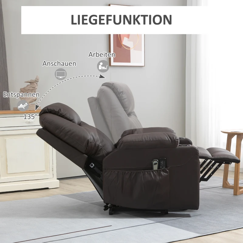 HOMCOM Massagesessel mit Aufstehhilfe, Liegefunktion, Kunstleder, bis 150 kg, 88 x 99 x 106 cm, Braun(m-5)