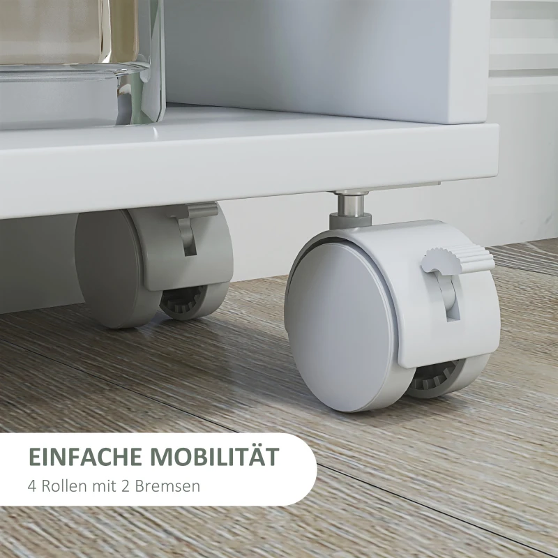 HOMCOM Multifunktionsregal mit Rollen, schmale Bauweise, 4 Fächer, 45x15x91 cm, Weiß