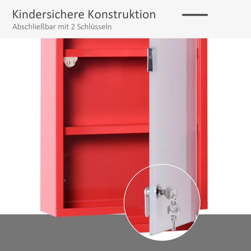 HOMCOM Medizinschrank aus Stahl Arzneischrank zur Medikamenten-Aufbewahrung, Abschließbar Apothekerschrank mit 4 Fächer, Glastür, 60 x 30 x 12 cm, Rot