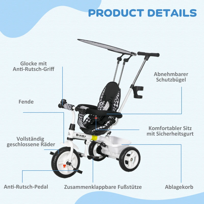 HOMCOM 6-in-1 Kinderdreirad mit Schiebestange, Dach, Gurt, Ablagekorb, für 1-5 Jahre, Weiß
