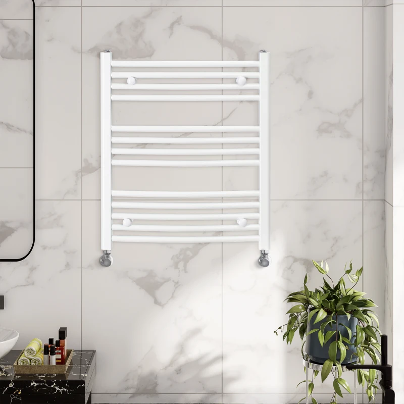 HOMCOM Curved Heated Towel Rail, Hydronic Bathroom Ladder Radiator Towel Warmer For Central Heating 600mm x 700mm, White