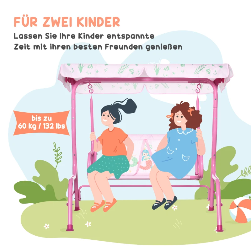 Outsunny 4-teiliges Gartenmöbel-Set für Kinder, mit Hai-Motiv, 1 Hollywoodschaukel, 2 Stühle, 1 Sonnenschirm mit Tisch, Rosa