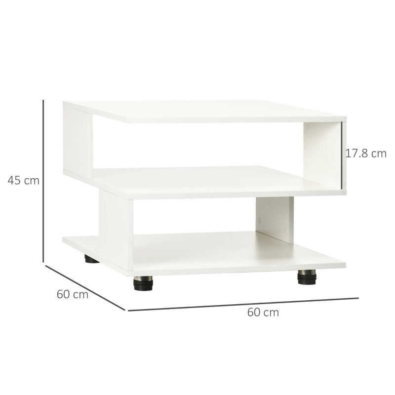 HOMCOM Tavolino da Caffè Asimmetrico in Legno con Ripiani e Piedini Regolabili, 60x60x45cm, Bianco