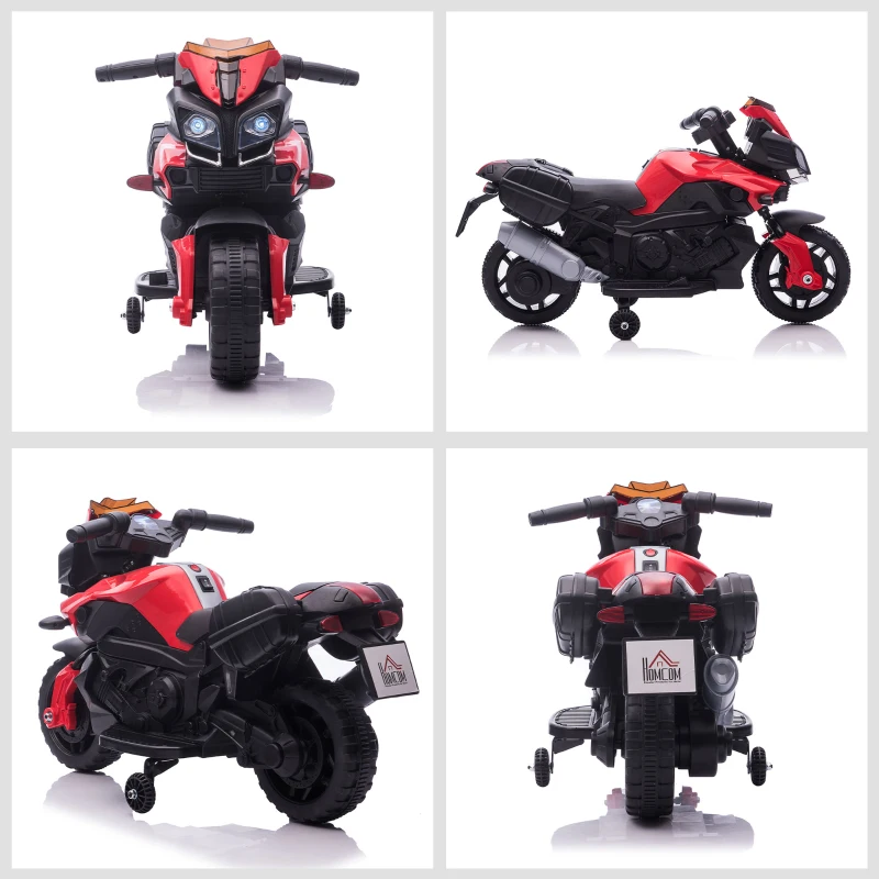 HOMCOM Moto électrique Enfant 6 V 3 Km/h Effet Lumineux et sonore roulettes Amovibles Repose-Pied valises latérales métal PP Rouge Noir