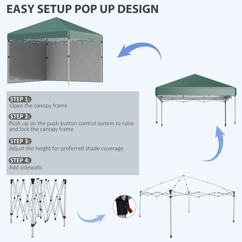 Outsunny 3 x 3 (M) Pop Up Gazebo, UPF 30+ with 2 Sidewalls, Leg Weight Bags and Wheeled Bag, Height Adjustable Party Tent Event Shelter for Garden, Patio, Green