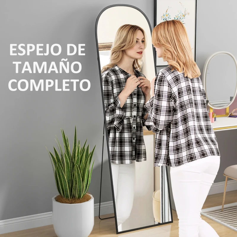 HOMCOM Espejo de Cuerpo Entero 50x170 cm Independiente o Pared con Marco de Aleación de Aluminio y Soporte Negro