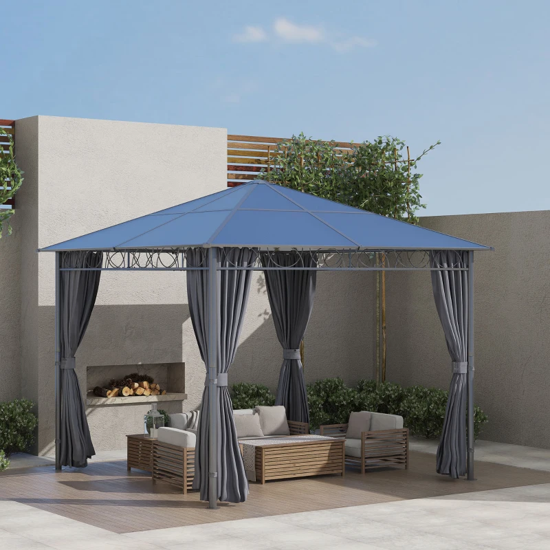 Outsunny 3 x 3(m) Hardtop Gazebo Canopy with Polycarbonate Roof, Permanent Pavilion Garden Gazebo with Curtains for Patio, Deck, Grey