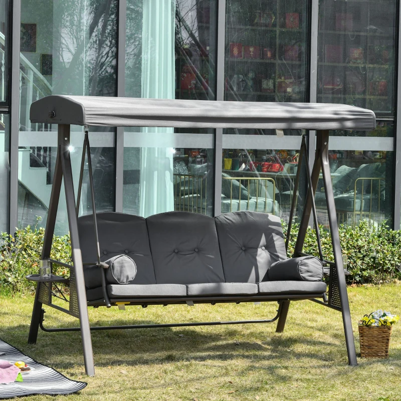 Outsunny Dondolo da Giardino 3 Posti con Tetto Regolabile, Portabicchieri e Cuscini, 208x120x172 cm, Grigio