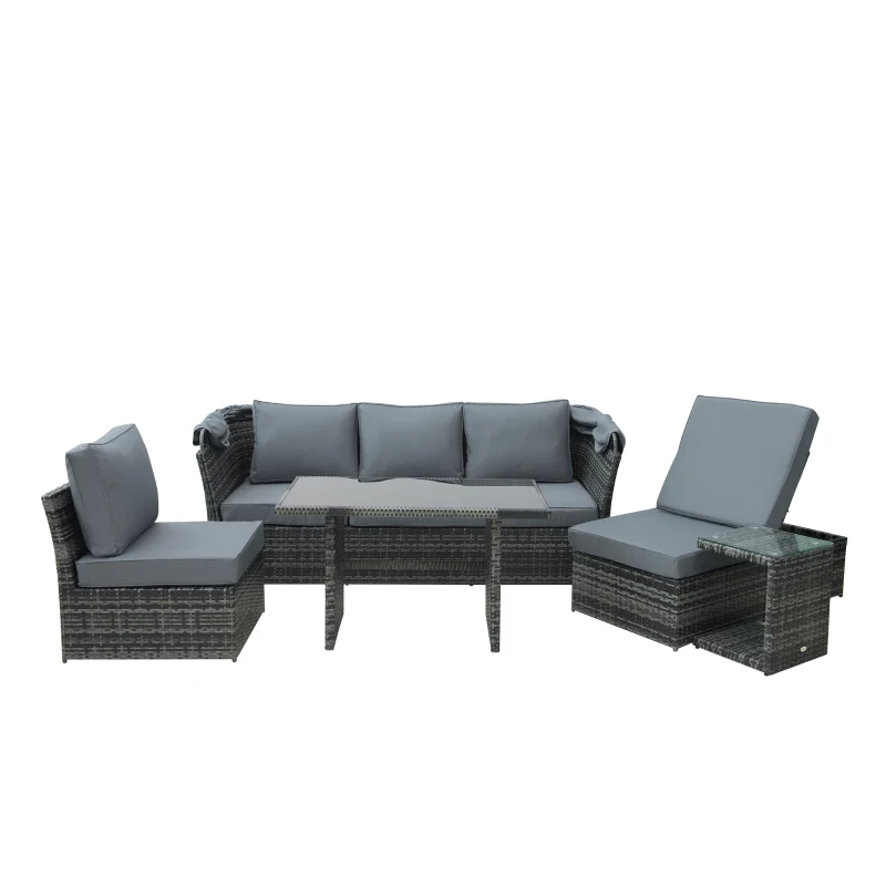 Outsunny 5 PCS Outdoor Rattan Wicker Sofa Sets Reclining Sofa Adjustable Canopy & Side Table Dining Table Set Sectional Conversation Furniture w/ Cushions, Mixed Grey