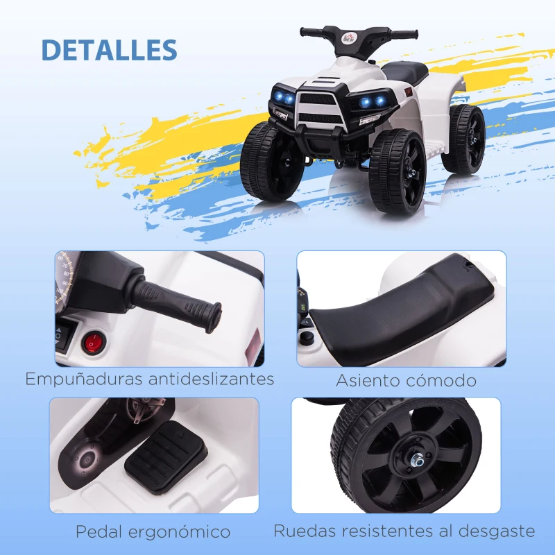 HOMCOM Quad Eléctrico para Niños 18-36 Meses Cuatrimoto Infantil a Batería 6V Faros Bocina Velocidad 0-3 km/h 65x40x43cm Blanco