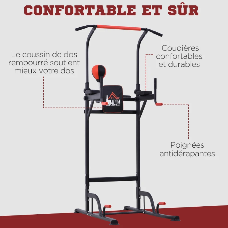 HOMCOM Station de traction musculation multifonctions punching ball chaise romaine hauteur réglable acier noir rouge