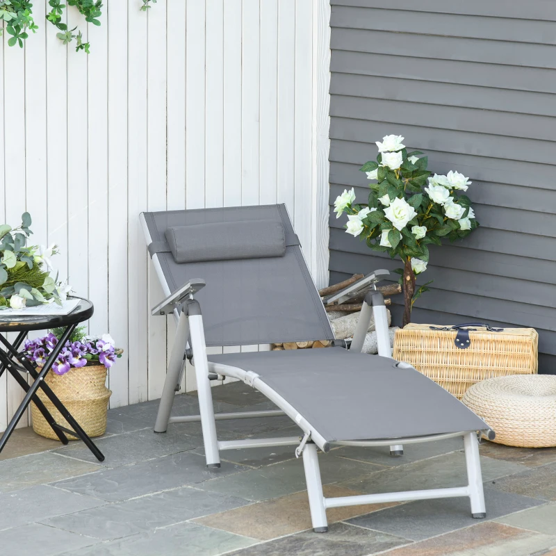 Outsunny Bain de soleil transat pliable dossier inclinable multi-positions têtière fournie alu. textilène gris
