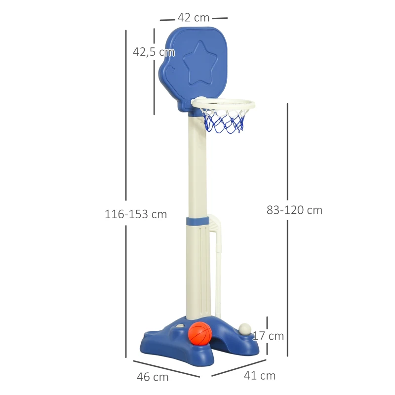 HOMCOM Canasta de Baloncesto 2 en 1 Canasta de Baloncesto Infantil con Aro Ajustable en Altura de 83-120 cm Pelotas y Palo de Golf 46x41x116-153 cm Azul y Blanco