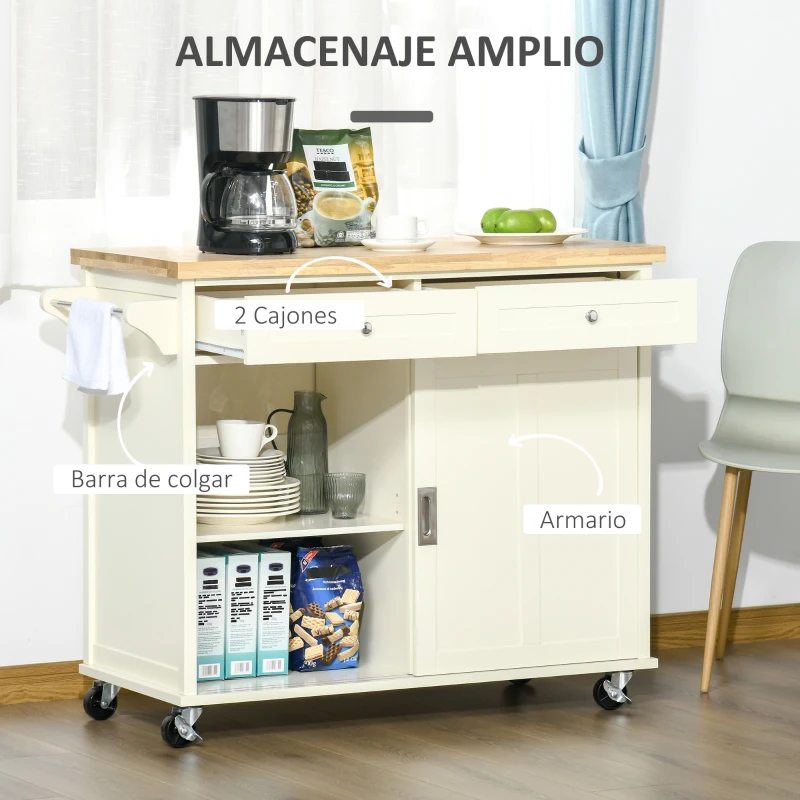 HOMCOM Carrito de Cocina Multifuncional con Ruedas 2 Puertas Correderas 2 Cajones y Barra de Colgar 110x49,5x89,5 cm Crema