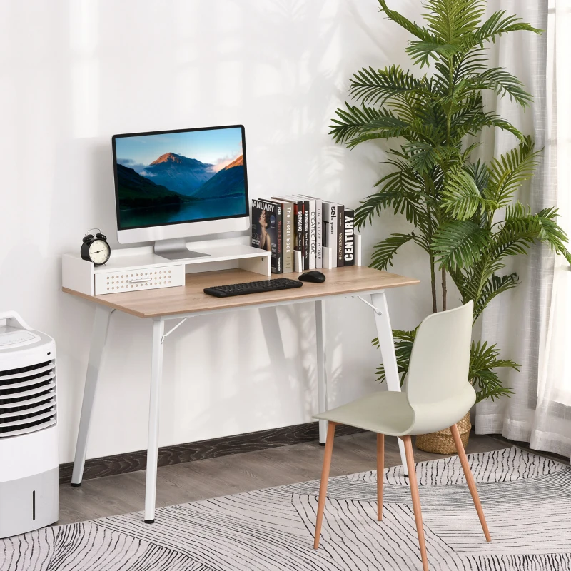 HOMCOM Small Computer Desk with Monitor Stand, Drawer and Storage Compartments, Home Office Desk for Small Spaces, Study Table, White