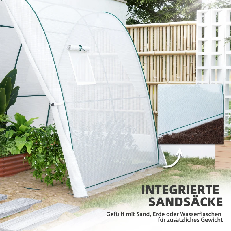 Outsunny Bogen-Gewächshaus mit Sandsäcken und Kunststoff-Abdeckung, 2 Rolltüren, Netzfenster, tragbar, 1,8 x 1,8 x 2 m, Weiß(m-5)