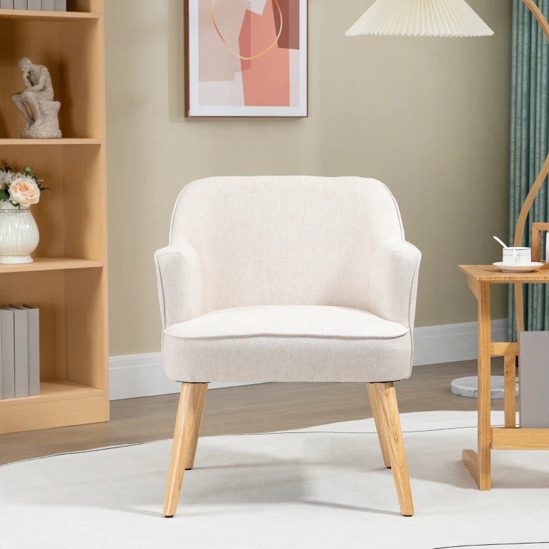 HOMCOM Butaca de Salón Moderna Sillón Tapizado en Lino Sintético Patas de Madera para Dormitorio Oficina 64,5x65x79,5 cm Crema