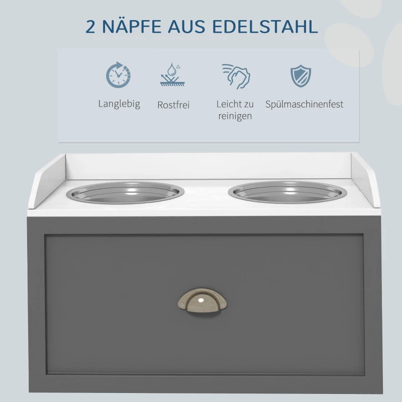 PawHut Futterstation Erhöhte Fressnäpfe 1 Stauraum 2 Edelstahl-Futternäpfe, 60 x 30 x 42 cm, Weiß