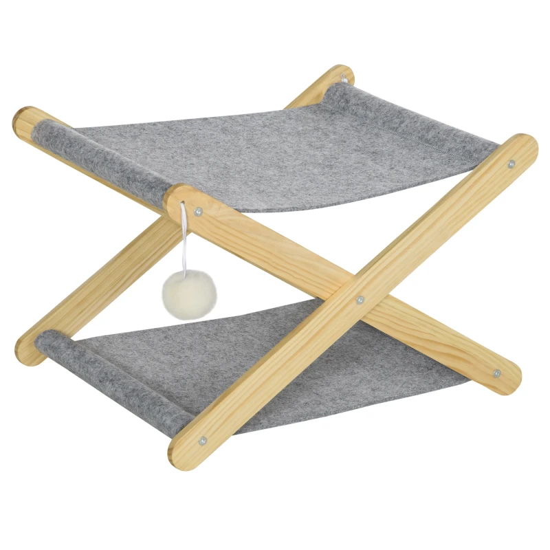 PawHut Lit pliable pour chats hamac 2 niveaux en bois et feutrine avec jeu boules suspendues - dim. 52L x 42l x 33,5H cm