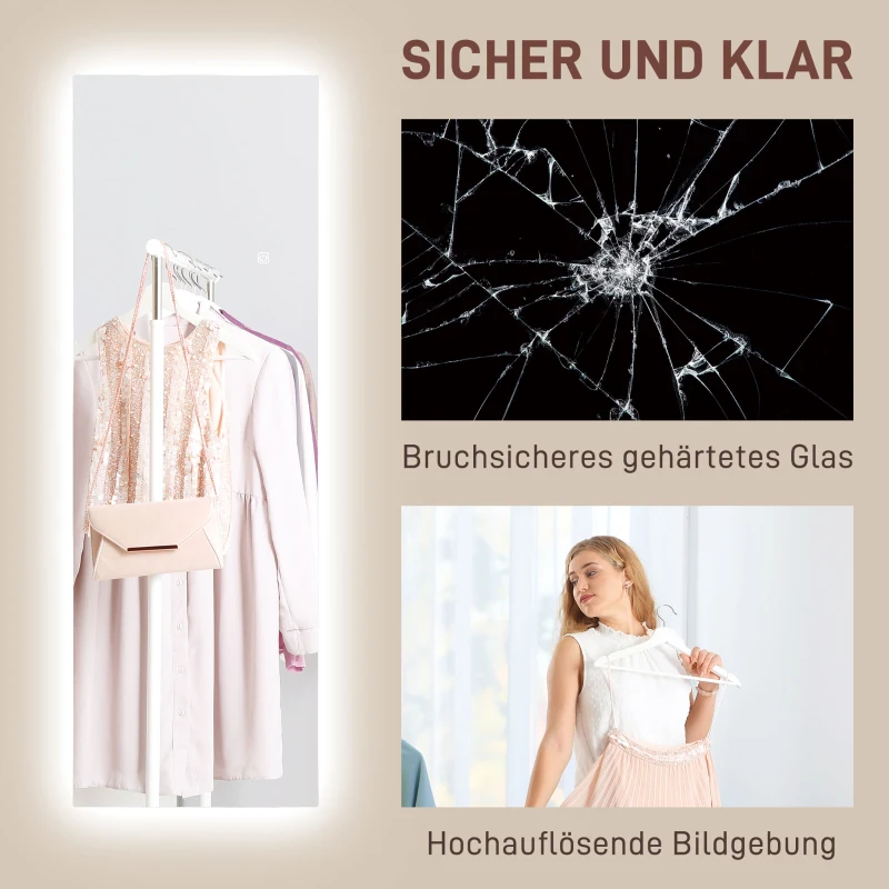 HOMCOM LED Ganzkörperspiegel, dimmbar, rahmenlos, Touch-Steuerung, 40 x 120 cm