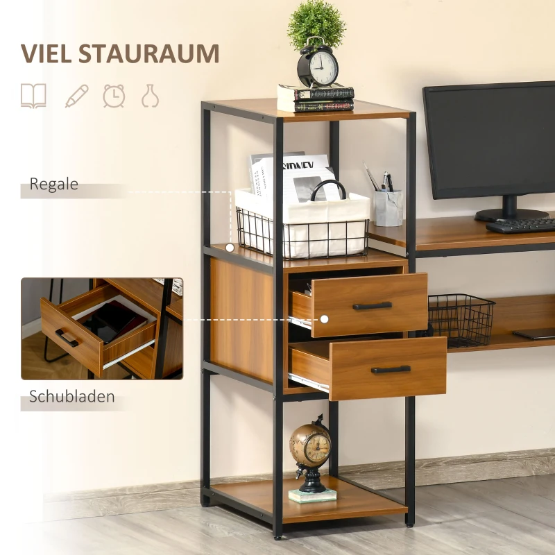 HOMCOM Industriell Schreibtisch mit 2 Schubladen Computertisch offenes Regal Arbeitstisch Nussbraun 140 x 50 x 110 cm