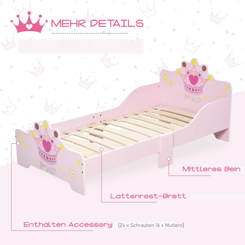 HOMCOM Kinderbett mit Prinzessinnen-Motiv mit Rausfallschutz für 3–6 Jahre, Mädchenbett, Holzbett für Kinderzimmer, Pappelholz, 143 x 73 x 60 cm