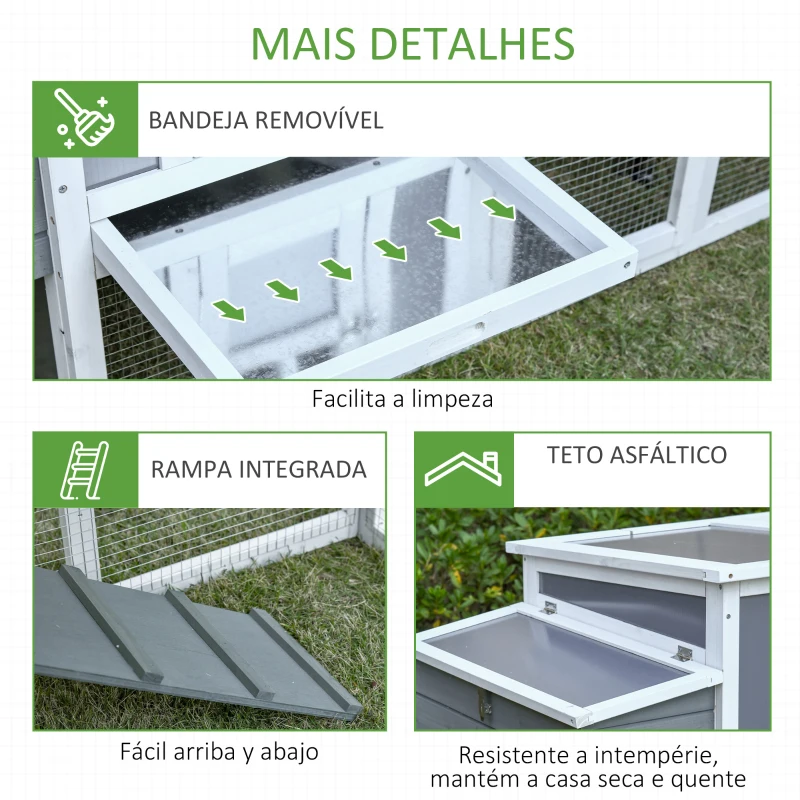 PawHut Gallinero de Madera para Exterior Jaula para 2-3 Gallinas con Caja Nido Corral de Alambre Techo de Policarbonato Bandeja Extraíble y Rampa 162x76,5x79,5 cm Gris