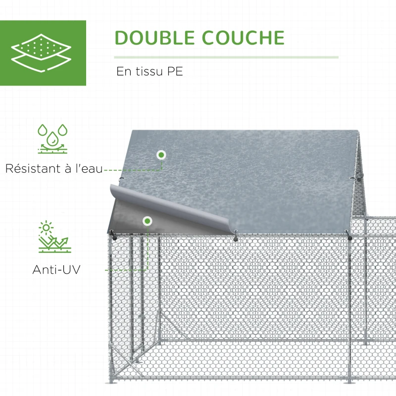 PawHut Enclos poulailler parc grillagé extérieur 18 m² chenil volière espace couvert acier galvanisé 6 x 3 x 1,95 m