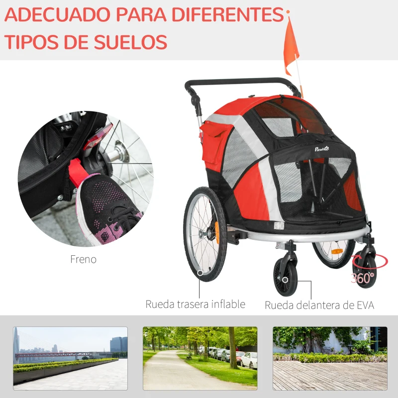 PawHut Remolque de Bicicleta para Perros Plegable 2 en 1 Carrito para Perros de Aluminio con Mango Ajustable Bandera y 6 Reflectores Carga Máxima 40 kg 150x82x98 cm Rojo